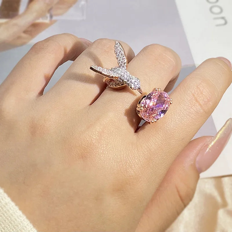 Bague Colibri Pierre Gemme Réglable – Zircon, Placé Or 14K