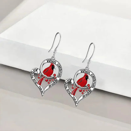 Boucles d'oreilles Commémoratives Cardinal – « Quand les Cardinals Apparaissent, les Anges Sont Proches » Cœur Tombant