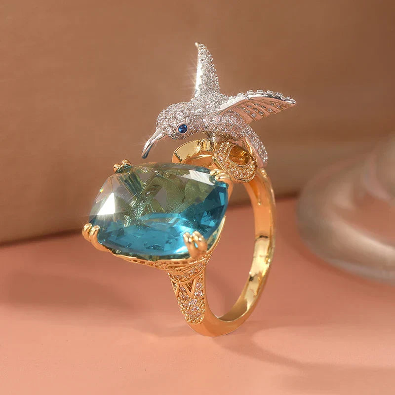 Bague Colibri Réglable Couleur Aigue-Marine – Placé Or 14K
