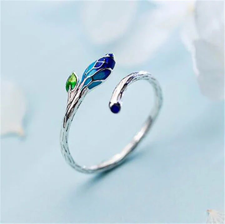 Bague Réglable Feuille avec Émail Bleu en Argent