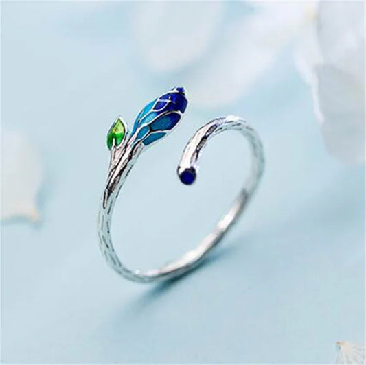 Bague Réglable Feuille avec Émail Bleu en Argent
