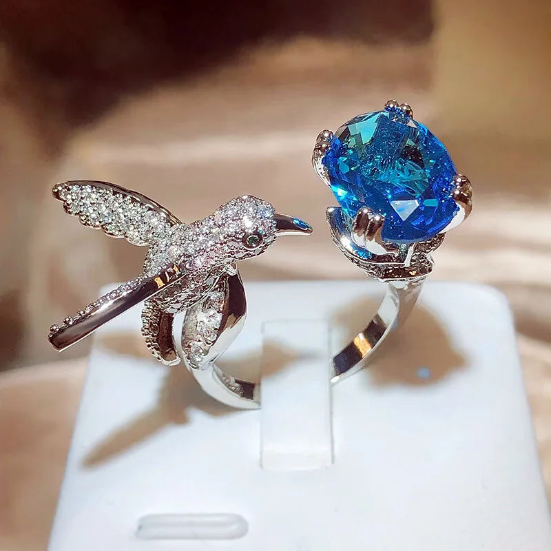 Bague Colibri Pierre Gemme Réglable – Zircon, Placé Or 14K