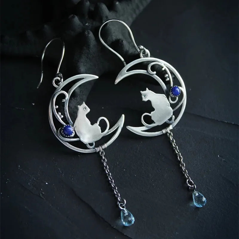Boucles d'oreilles Chat Clair de Lune – Design Croissant Vintage avec Pierre Lapis Lazuli