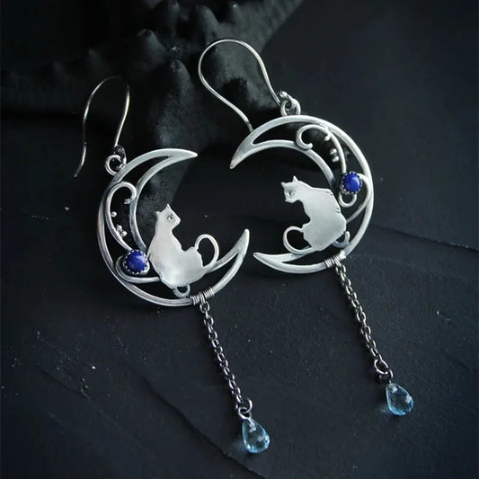 Boucles d'oreilles Chat Clair de Lune – Design Croissant Vintage avec Pierre Lapis Lazuli