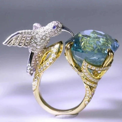 Bague Colibri Réglable Couleur Aigue-Marine – Placé Or 14K