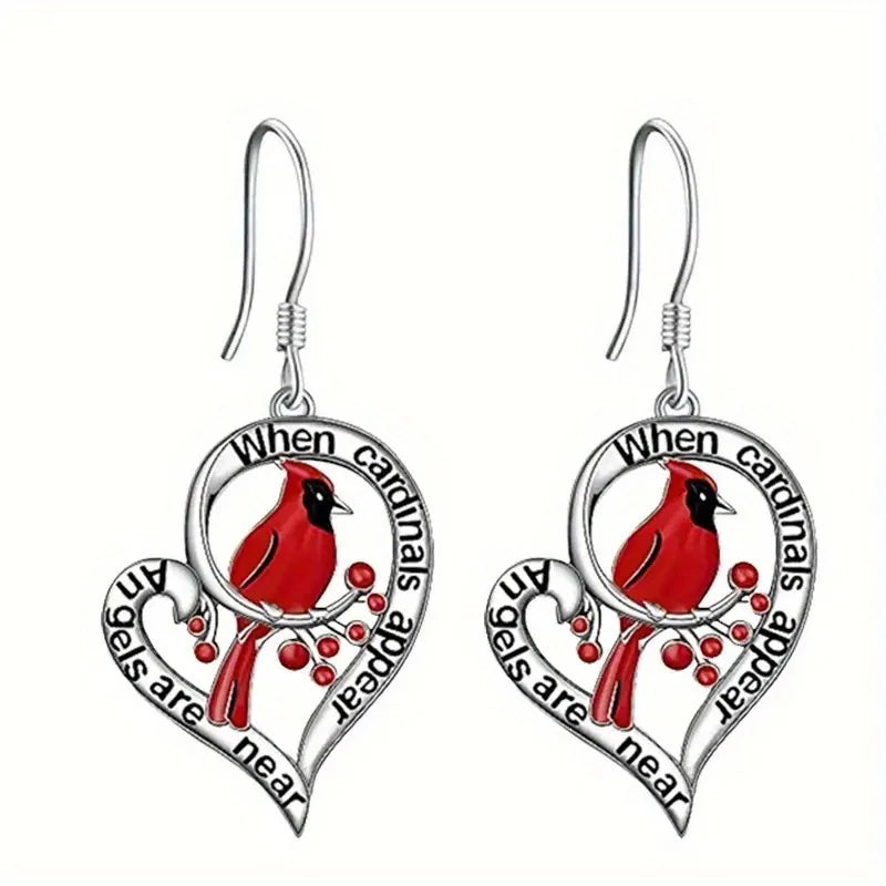 Boucles d'oreilles Commémoratives Cardinal – « Quand les Cardinals Apparaissent, les Anges Sont Proches » Cœur Tombant