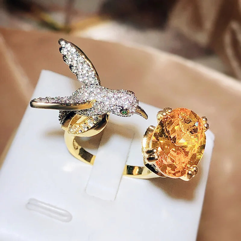 Bague Colibri Pierre Gemme Réglable – Zircon, Placé Or 14K