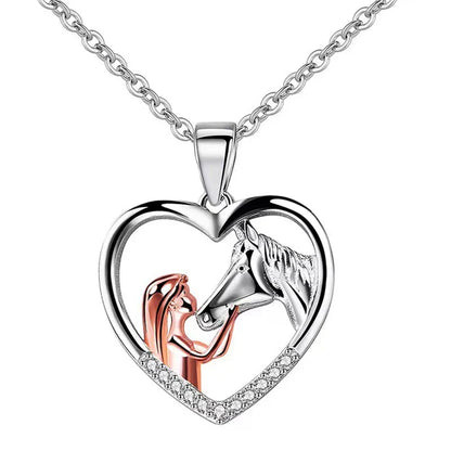 Magnifique Collier Fille et Cheval Cœur Zircon