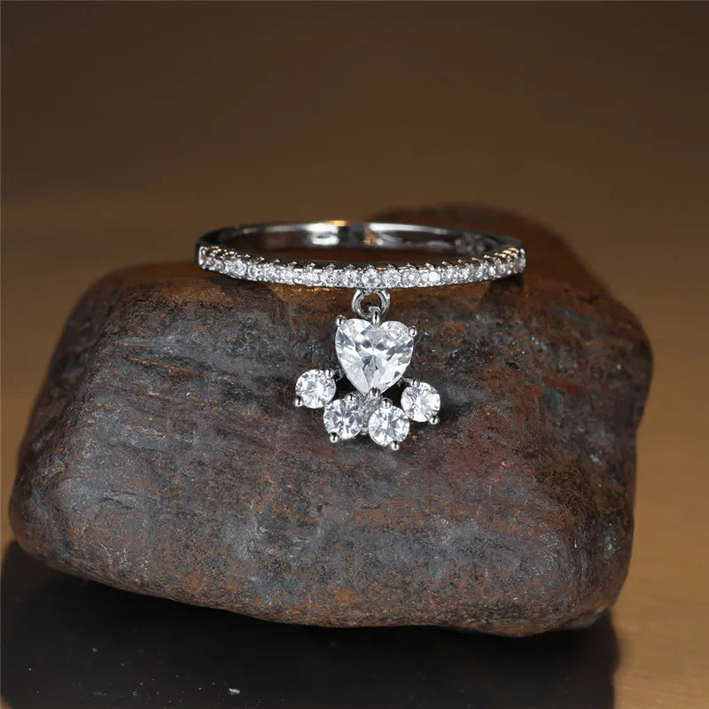 Bague Vintage Patte de Chat et Cœur Pierre – Tons Or et Argent