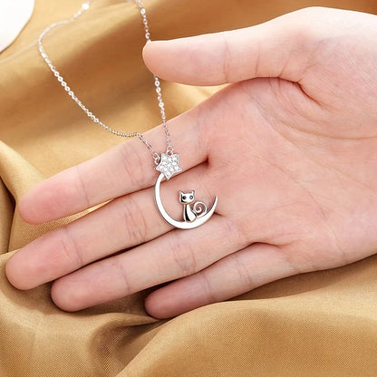 Collier Argent Sterling Chat Lune Étoile