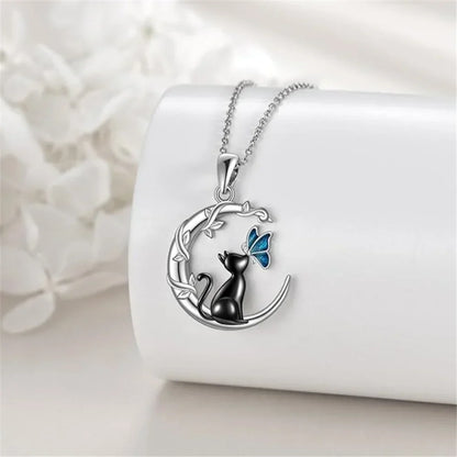 Collier Pendentif Cristal Lune Chat Papillon