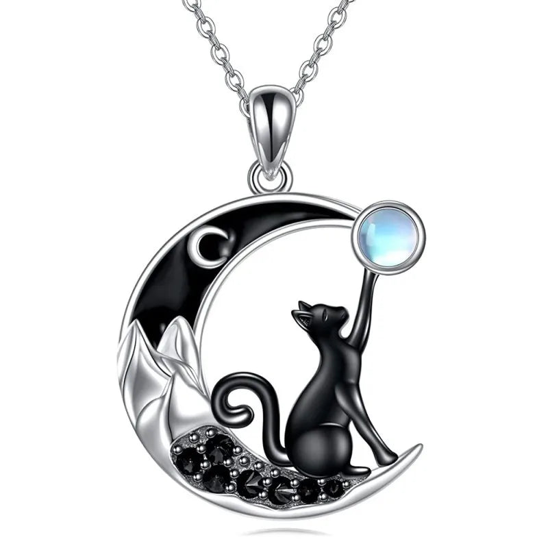 Collier Pendentif Cristal Chat Noir Lune