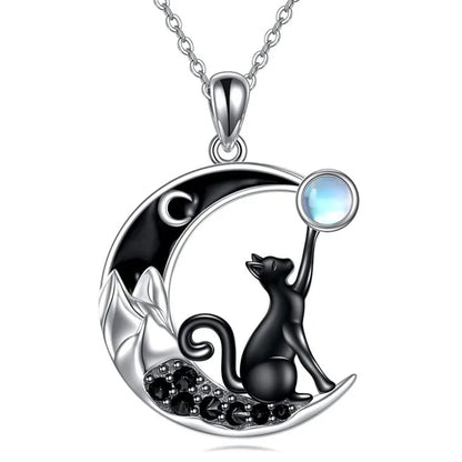 Collier Pendentif Cristal Chat Noir Lune