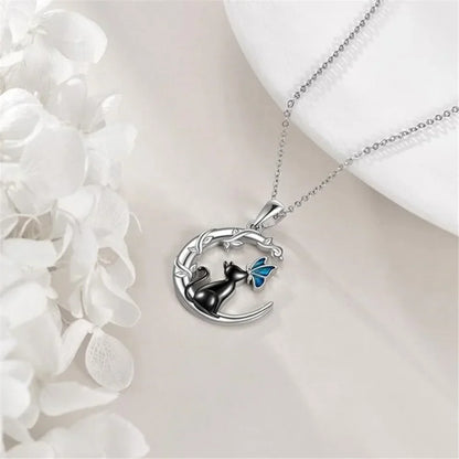 Collier Pendentif Cristal Lune Chat Papillon