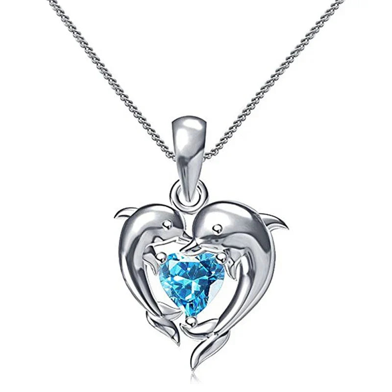 Collier Dauphin Amour Cœur Bleu