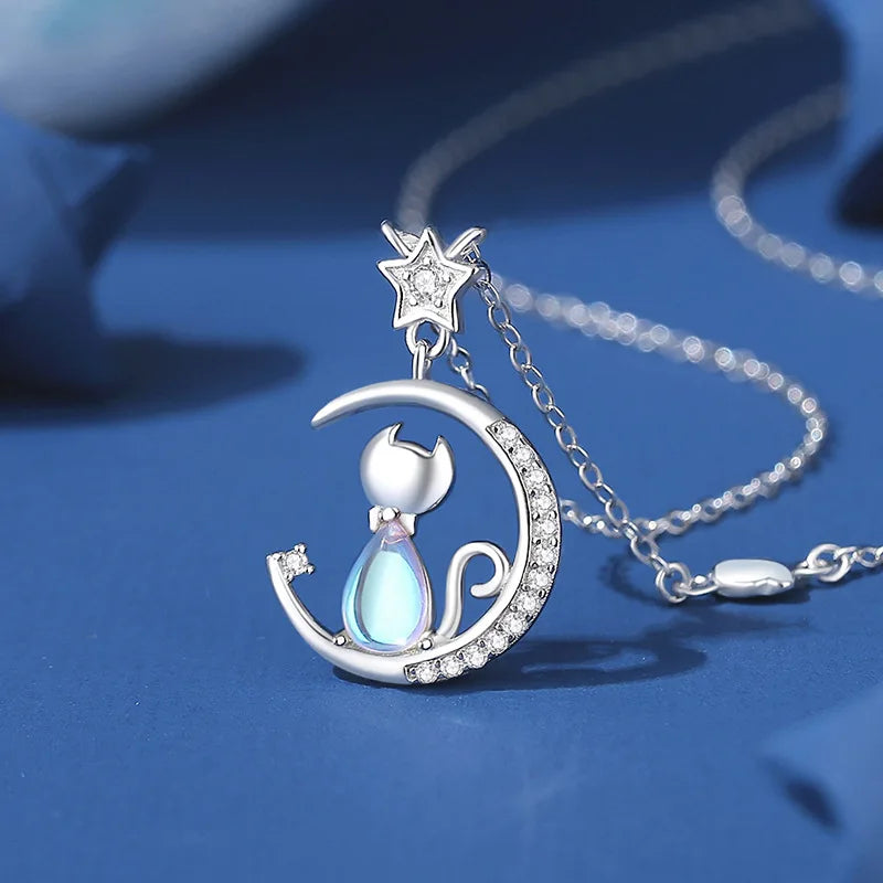 Collier Argent Sterling Chat Lune
