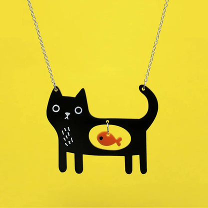 Collier Pendentif Acrylique Fantaisiste Chat et Poisson