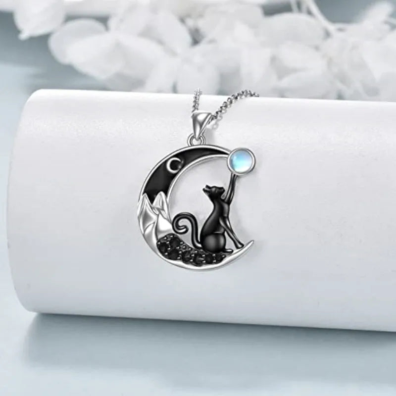 Collier Pendentif Cristal Chat Noir Lune