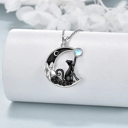 Collier Pendentif Cristal Chat Noir Lune