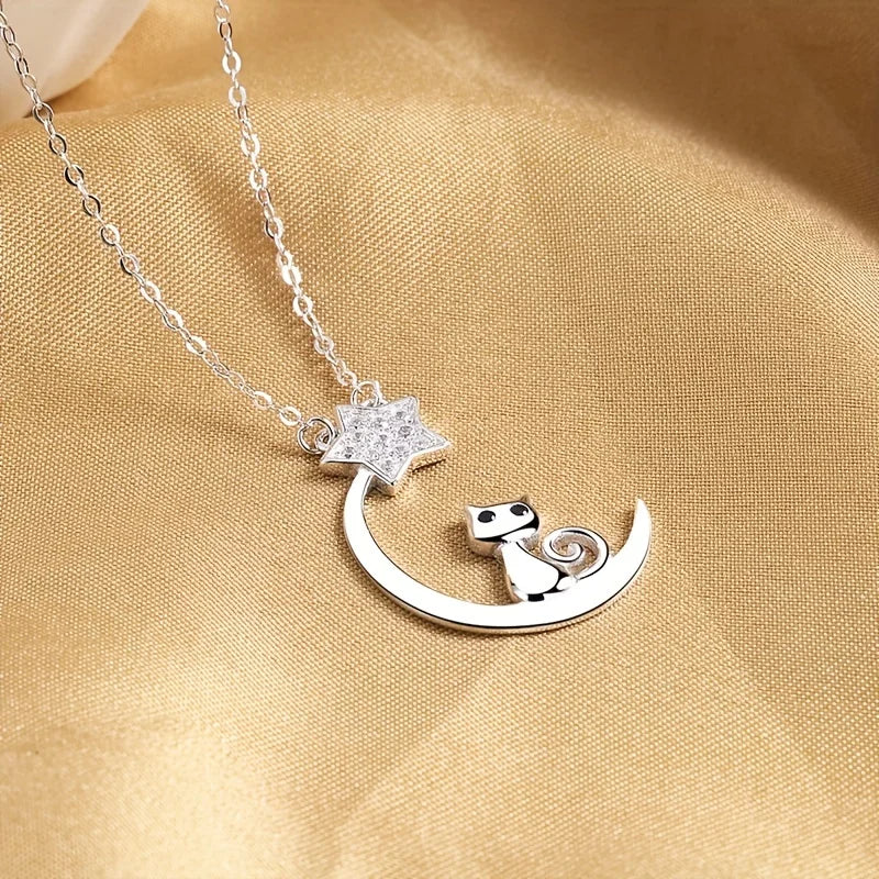 Collier Argent Sterling Chat Lune Étoile