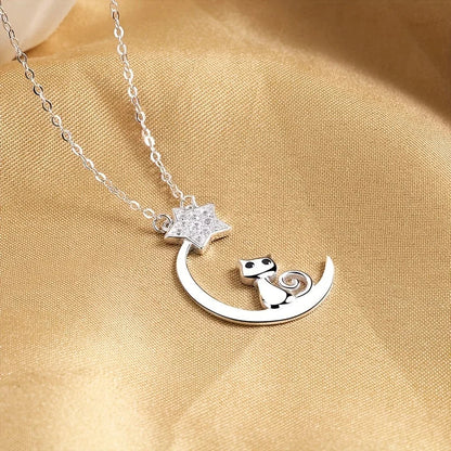 Collier Argent Sterling Chat Lune Étoile