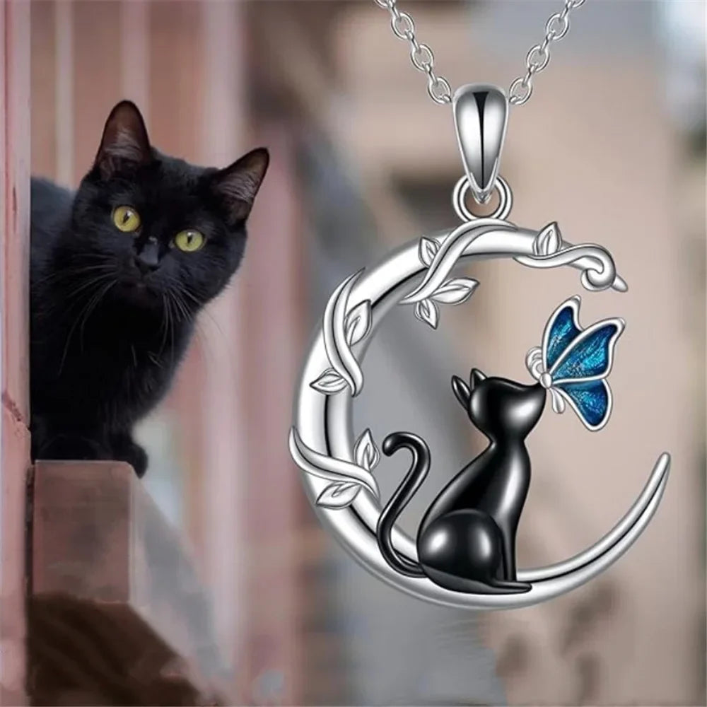 Collier Pendentif Cristal Lune Chat Papillon
