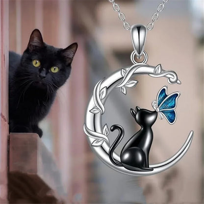 Collier Pendentif Cristal Lune Chat Papillon