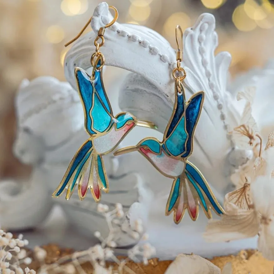 Boucles d'oreilles Colibri Émail Bleu Gracieux