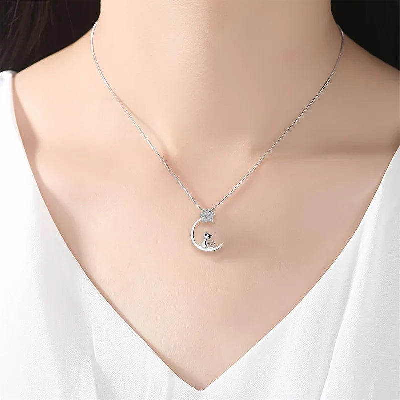 Collier Argent Sterling Chat Lune Étoile