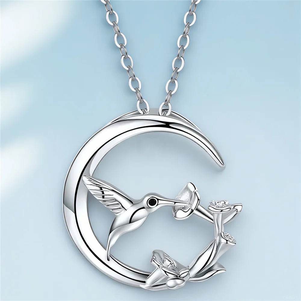 Collier Pendentif Argent Oiseau Lune Vintage