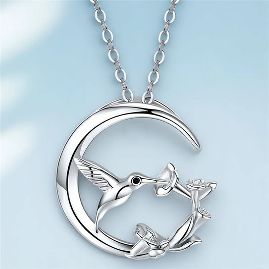 Collier Pendentif Argent Oiseau Lune Vintage