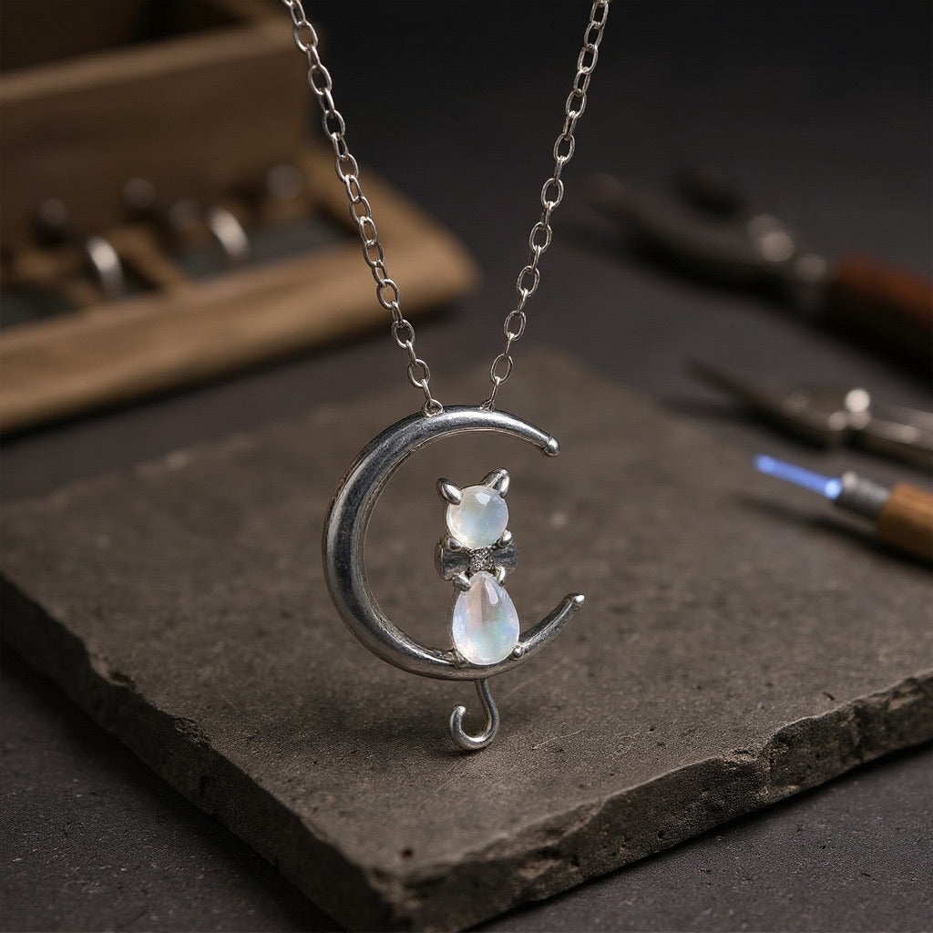 Collier Pierre de Lune Croissant et Chat