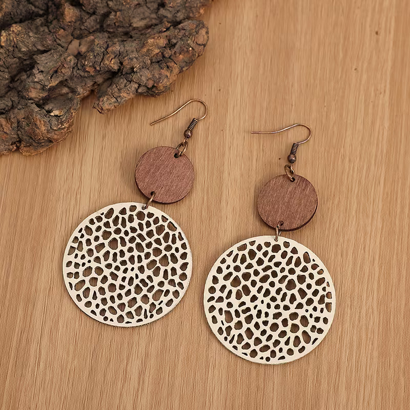 Boucles d'oreilles pendantes bohèmes rétro en bois et cuir