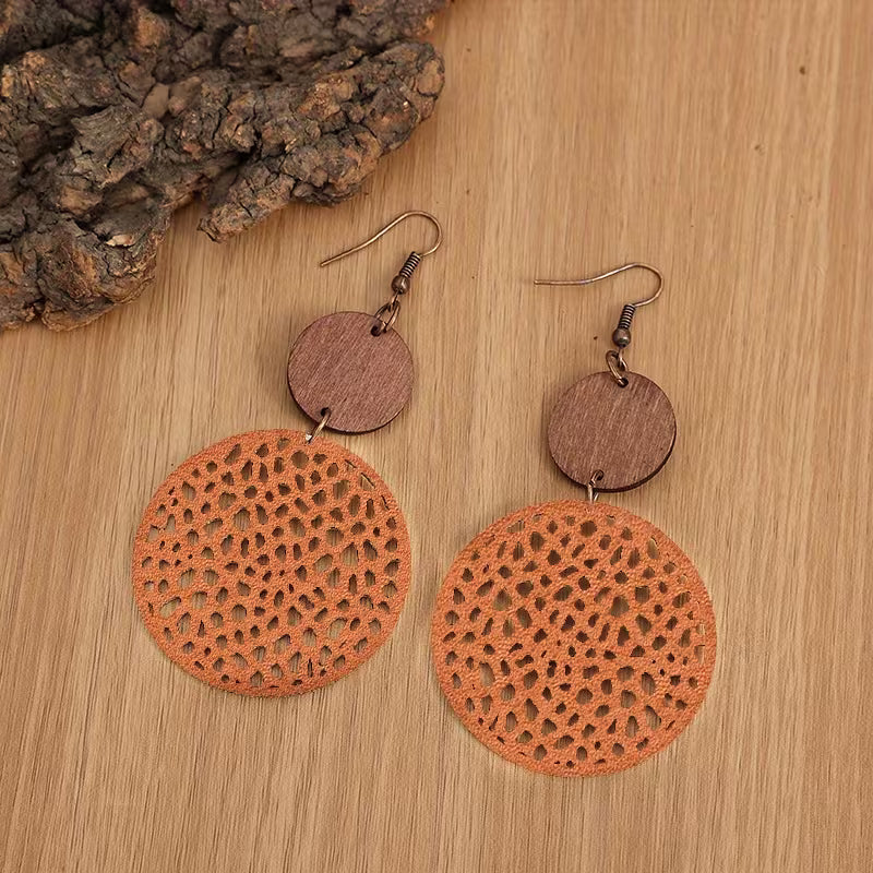 Boucles d'oreilles pendantes bohèmes rétro en bois et cuir