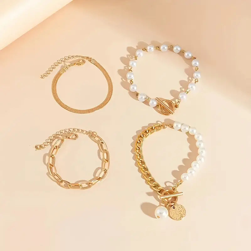 Set de Bracelets Chic Gold 4 pièces - Serpent, Perles et Maillons | Or