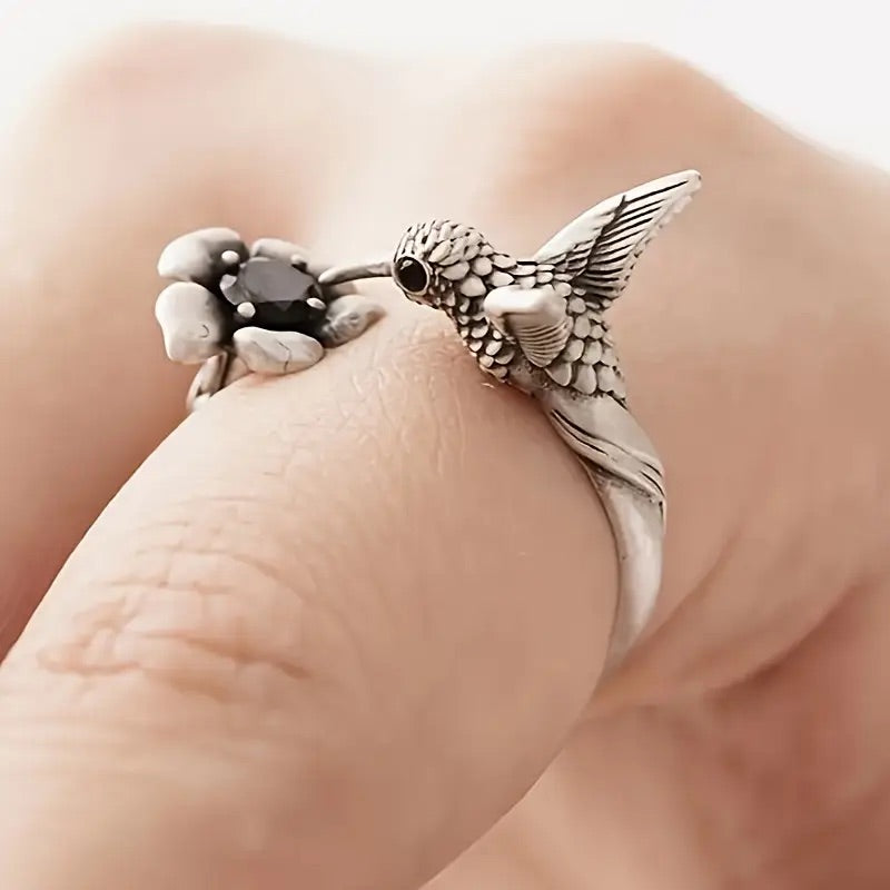 Bague Colibri et Fleur – Bague Oiseau Ouverte Réglable pour Femme