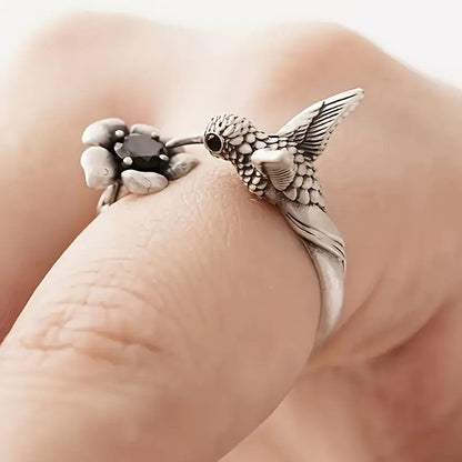 Bague Colibri et Fleur – Bague Oiseau Ouverte Réglable pour Femme