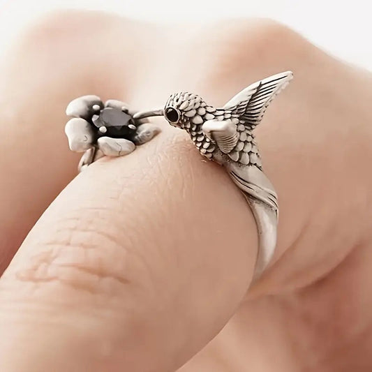 Bague Colibri et Fleur – Bague Oiseau Ouverte Réglable pour Femme