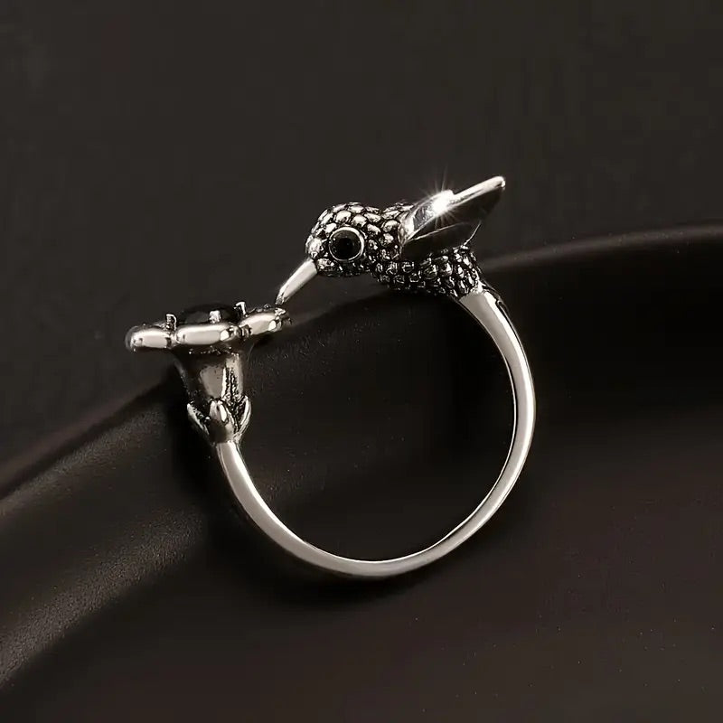 Bague Colibri et Fleur – Bague Oiseau Ouverte Réglable pour Femme