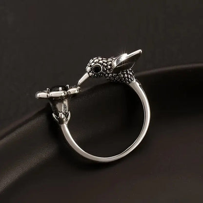 Bague Colibri et Fleur – Bague Oiseau Ouverte Réglable pour Femme