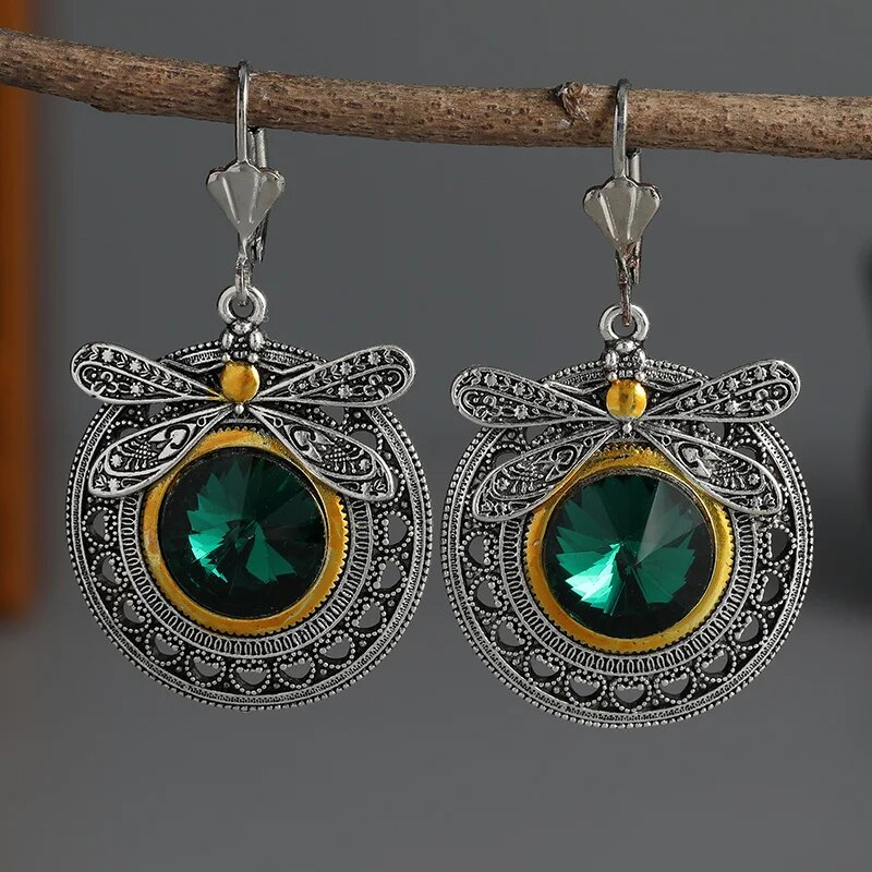 Boucles d'oreilles Vintage Libellule Zircone Verte