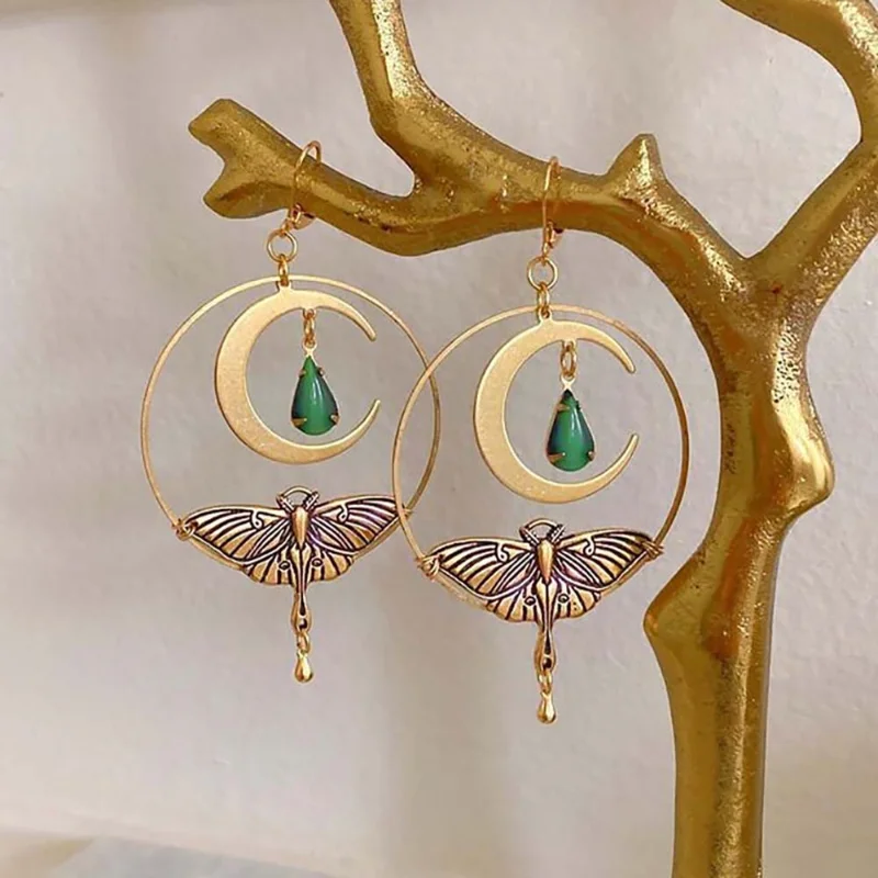Boucles d'oreilles Lune Libellule Dorée Vintage