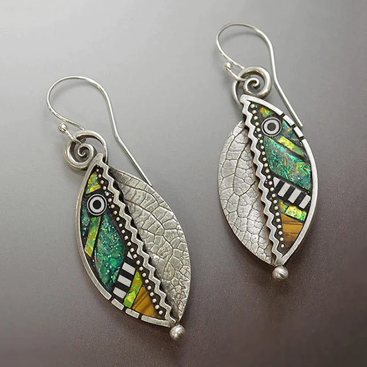 Boucles d'Oreilles Feuille Cristal Vert Argent Vintage