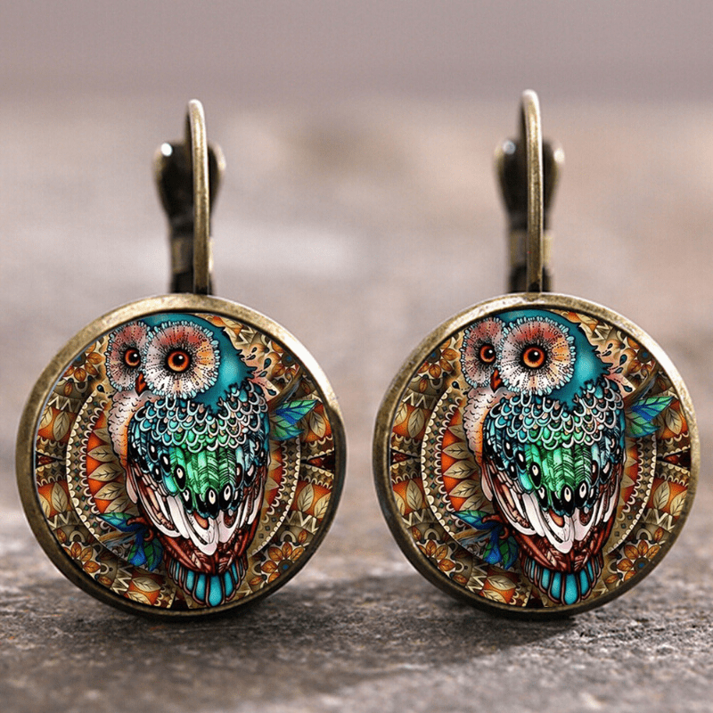 Boucles d'oreilles Vintage Hibou Cristal Rond