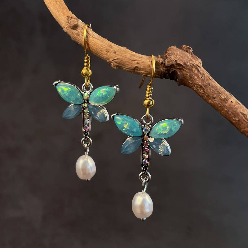 Boucles d'Oreilles Papillon Perle Opale Verte Vintage