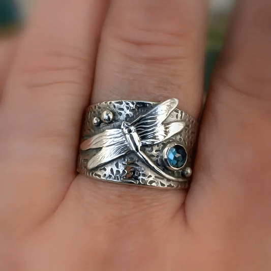 Bague Argent Libellule Cristal Bleu Vintage