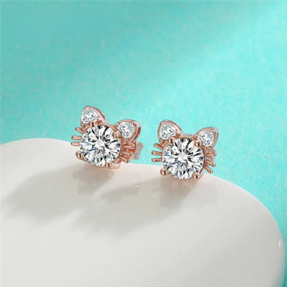 Boucles d'oreilles Fines Chat Moissanite Or Rose en Argent Sterling 925