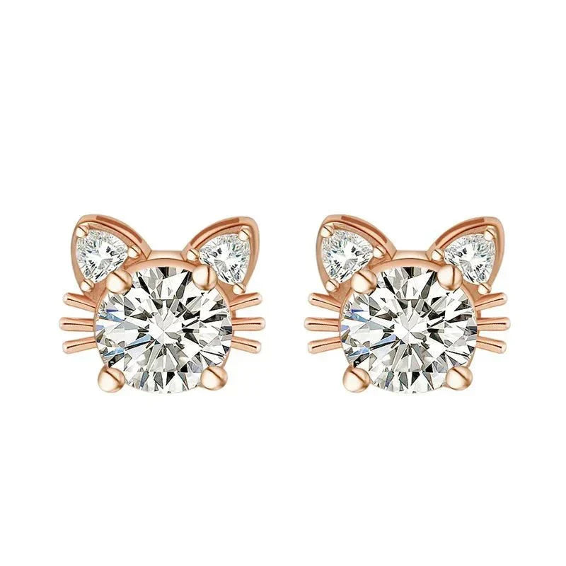 Boucles d'oreilles Fines Chat Moissanite Or Rose en Argent Sterling 925