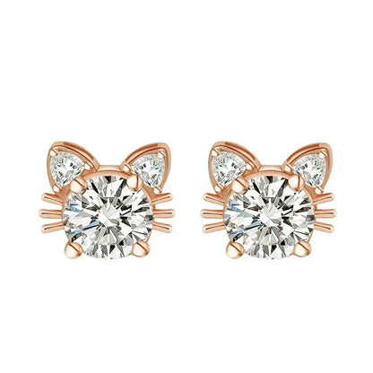 Boucles d'oreilles Fines Chat Moissanite Or Rose en Argent Sterling 925
