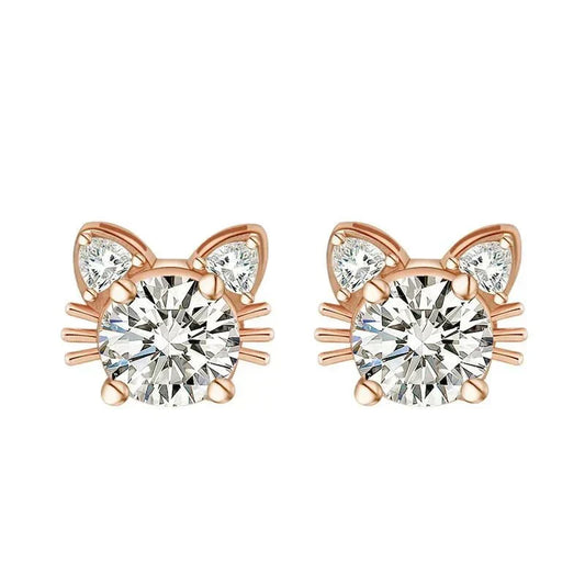 Boucles d'oreilles Fines Chat Moissanite Or Rose en Argent Sterling 925